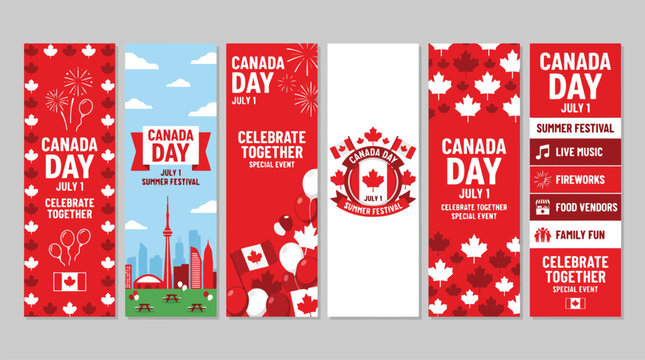 Canada Day vertical banner set for July 1 summer festival, Canadian national holiday celebration posters with maple leaf and fireworks, red and white vector templates