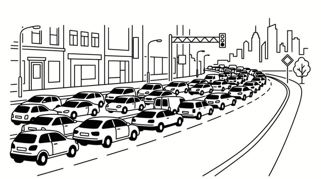 Heavy city traffic jam with cars on a busy road line art