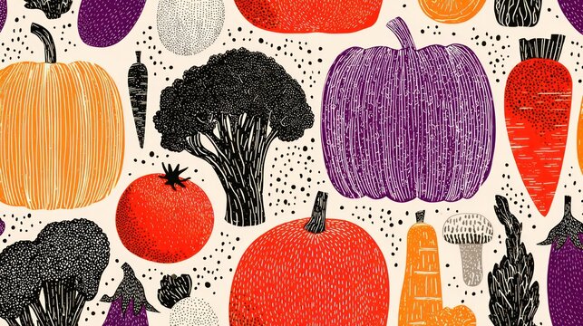 Colorful harvest selection of staple root vegetables and cruciferous produce forms a repeating pattern