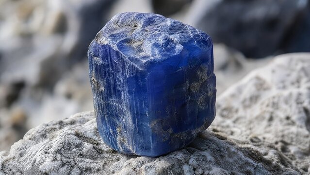 Raw blue corundum crystal on natural rock in daylight.