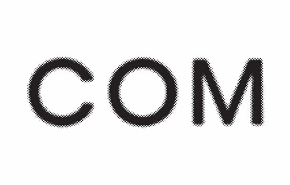 Minimalist halftone typography art with the letters COM in a clean black and white design