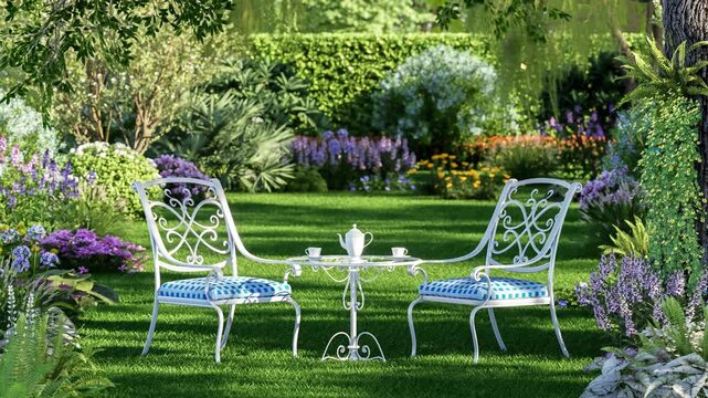 Romantic garden seating area with elegant white metal chairs and tea table 3d animation render, surrounded by lush flowers, greenery, and sunlight in a peaceful backyard landscape.