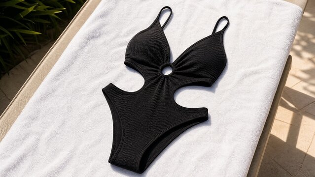 Black monokini swimsuit laid flat on a white towel, sharp focus on fabric texture.