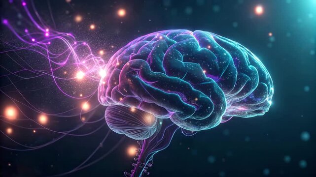 Glowing human brain pulsing with energy and light trails in dark futuristic setting