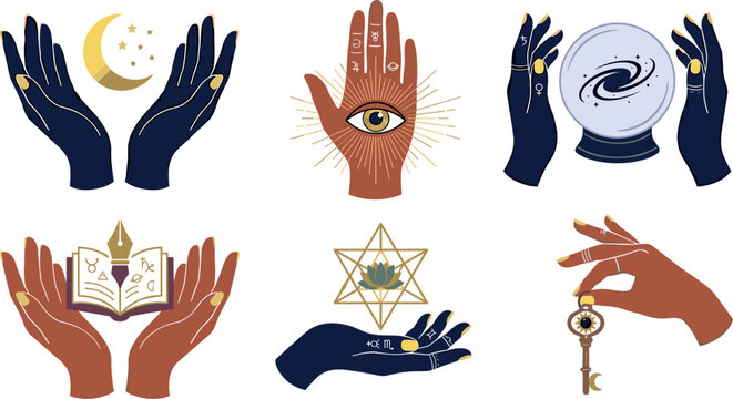 Mystical hands vector set featuring esoteric magic symbols including crystal ball all seeing eye open spell book and key on white background
