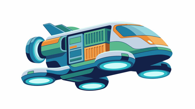 A futuristic vehicle with a unique design and vibrant color scheme