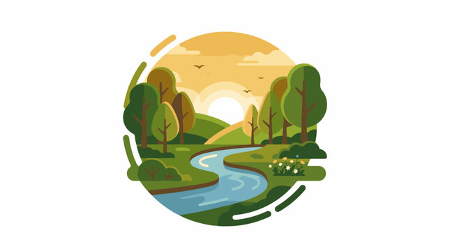 A serene and picturesque landscape with a winding river trees and a sunset