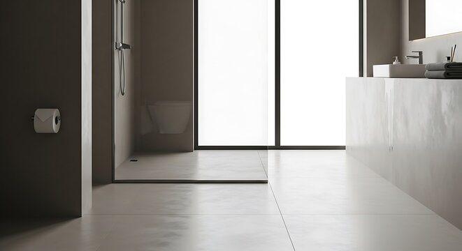Modern minimalist bathroom interior design featuring cimento queimado finish walls and flooring for a sleek industrial aesthetic in a luxury home