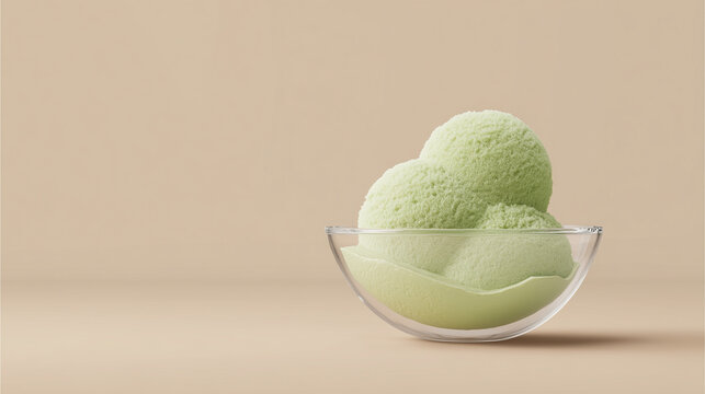 Modern chic commercial illustration of three textured scoops of refreshing green fruit sorbet in a transparent glass cup with generous text space