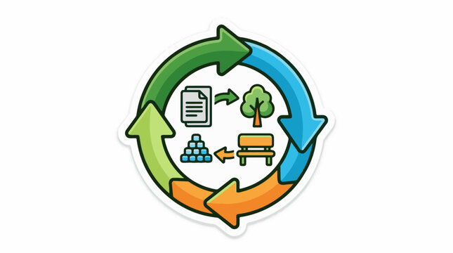 Colorful circular diagram with arrows and icons representing recycling and sustainability