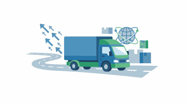 A blue and green truck drives on a road with arrows and boxes