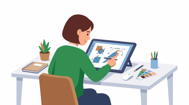 A woman with brown hair wearing a green shirt works on a digital drawing tablet