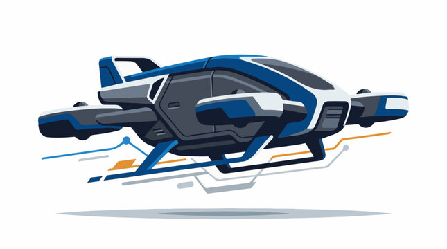 A futuristic blue and gray spaceship with a sleek design and vibrant orange blue and gray lines in the background