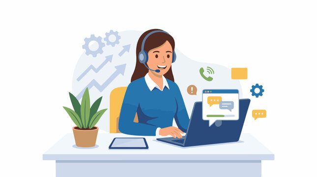 A woman wearing a headset and sitting at a desk with a laptop
