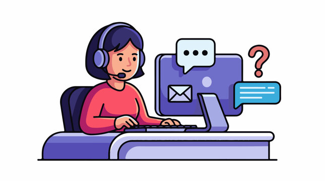 A woman with a headset works at a computer with a speech bubble and question mark
