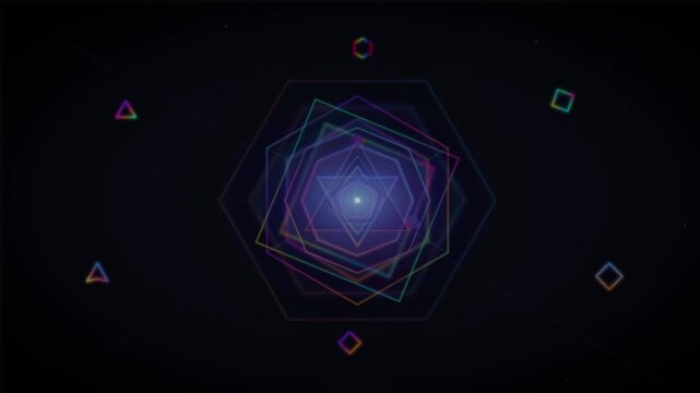 Abstract geometric shapes expanding and rotating in cosmic space motion.