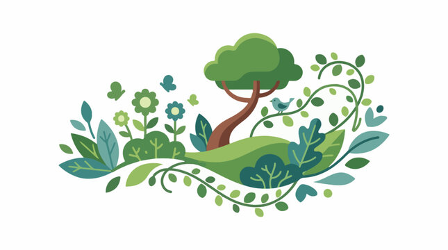 A cartoon illustration of a tree surrounded by flowers leaves and a bird on a green hill