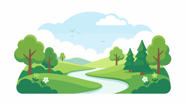 A serene landscape with a winding river green hills trees and white flowers under a blue sky