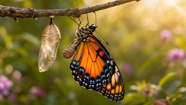 Butterfly emerging from chrysalis symbolizing transformation in a natural setting.