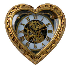 Fototapeta premium Heart shaped steampunk clock with exposed gears, brass details and a glass face, isolated on transparent background 