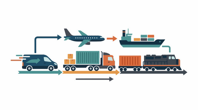 A graphic showing a delivery process from van to train truck plane and boat