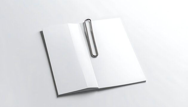 Isolated open blank white brochure or booklet with metal binder clip attached to the page, studio shot