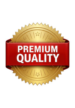 Premium quality gold seal with red ribbon, luxury metallic guarantee badge, golden certificate stamp for product marketing and branding