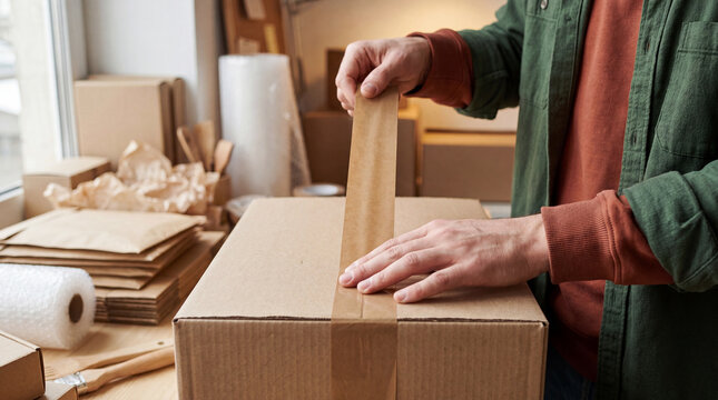 Hands sealing a cardboard box with paper tape in a small workshop, showing eco packaging, order fulfillment and handmade business preparation