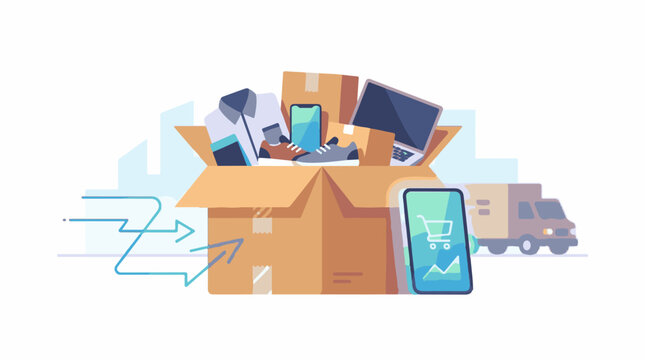 A cardboard box overflows with various items including electronics and shoes next to a delivery truck and a smartphone