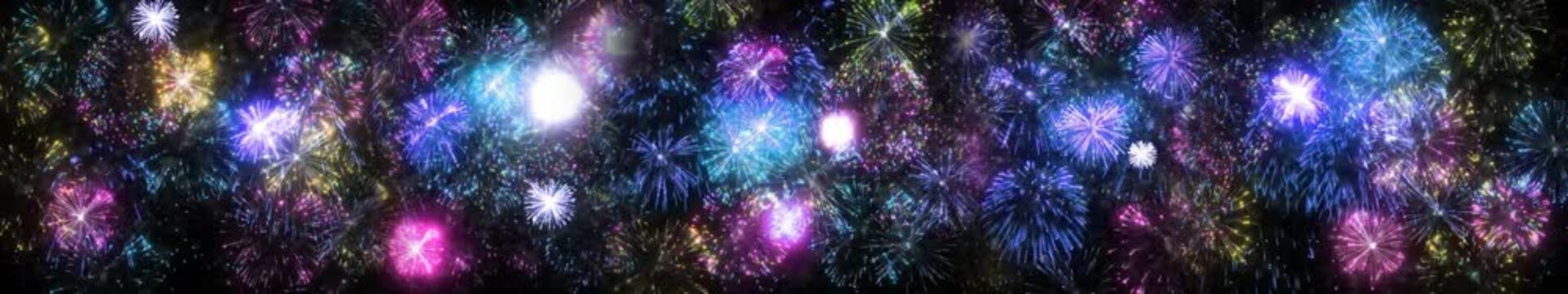 Fireworks Explosion Panorama on Black Night Sky Festive Celebration Background &mdash; Widescreen Loop