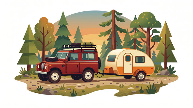 Red offroad SUV pulling orange teardrop trailer vector illustration