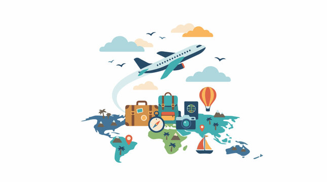 A colorful illustration of a world map with travel-related icons (1)