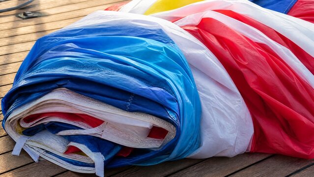 Folded nylon spinnaker sail on wooden deck, colorful textures.