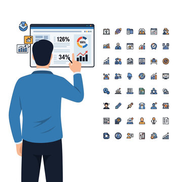 Businessman analyzing financial data on digital interface with growth charts and icons.