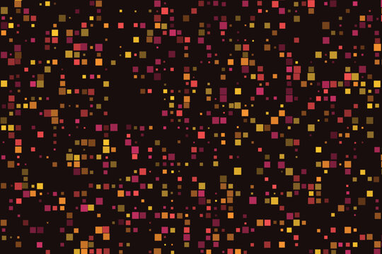 Abstract mosaic of multicolored square pixels on black background, pixelart neon purple yellow