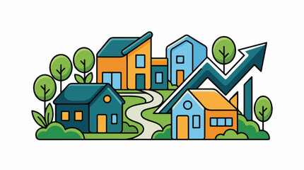 Fototapeta premium Colorful illustration of houses and trees with an upward arrow