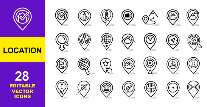 Location Pin Icons Set: 28 Editable Vector Icons of Map Pointer, GPS Navigation, Travel Destination, Home Address, Airplane Route, Hotel, Mountain Guide & Thin Line Web Symbols
