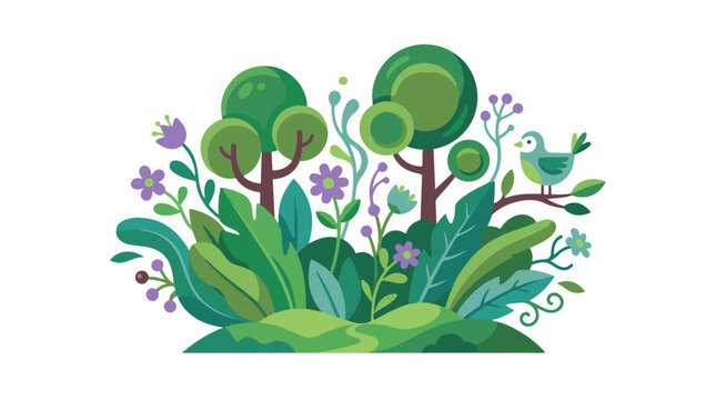 A colorful cartoon illustration of a lush forest scene with trees flowers and a bird