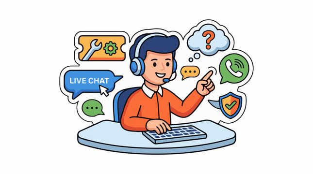 A cartoon man in a headset interacting with a computer and various chat bubbles