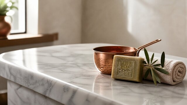 Marble massage table with copper ladle and olive oil soap, soft light.