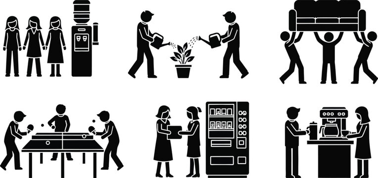 Diverse stick figure pictogram set illustrating office activities teamwork and social interaction ideal for business concepts and employee life