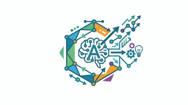 A stylized brain with an A merges with gears arrows and graphs