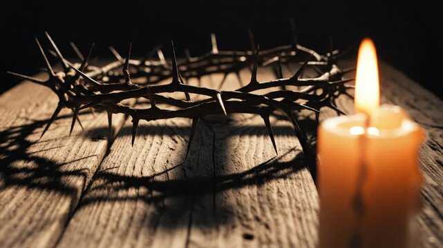 A crown of thorns and a lit candle casting shadows on a wooden surface, symbolizing good friday and sacrifice