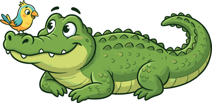 Cute cartoon green alligator lying down looking at a small colorful bird sitting on its nose isolated vector illustration artwork
