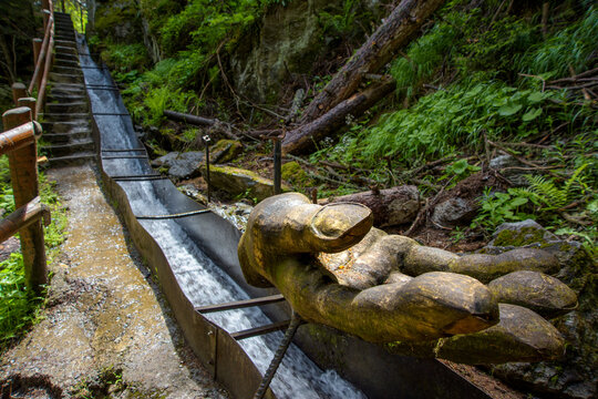Water Cascades Down Bisse Vieux an Ancient Irrigation Channel in the Mountains of Valais Switzerland