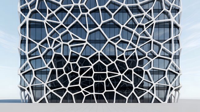 Modern parametric bionic architecture facade building conceptual design vector illustration featuring white voronoi geometric cellular lattice organic network pattern overlay structure on dark glass w