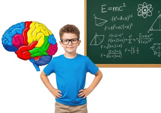 Child with brain and math formulas on green chalkboard