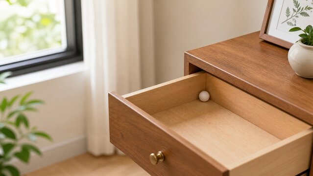 White camphor ball in open wooden drawer, home freshness and order concept.