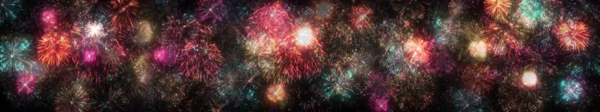 Colorful Fireworks Exploding in Night Sky, Festive Celebration | Panorama Loop