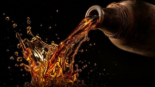 Dark amber liquid pouring from a flagon in a dynamic splash.